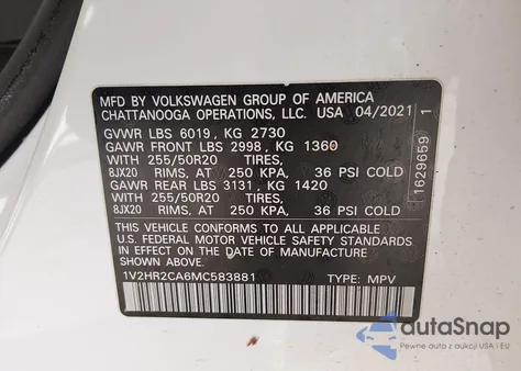 2021 Volkswagen Atlas 3.6L V6 Se W/Technology z USA, uszkodzony, nr VIN 1V2HR2CA6MC583881
